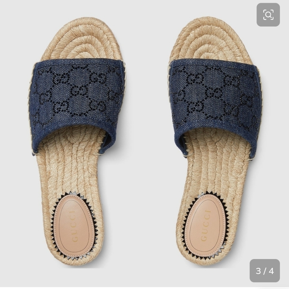 $790 Gucci Pilar GG Crystal Logo Denim Espadrille Sandals EU 36 US 6 BNIB